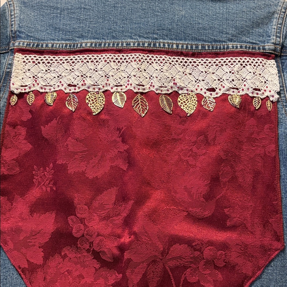 Upcycled Levi's Embellished Blue Denim Jacket with Lace and Gold Leaf Accents XS - Picture 5 of 12